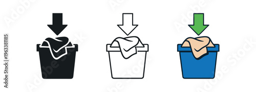 Three variations of a laundry deposit icon — solid, outline, and colored — showing a cloth draped over a bin with a downward arrow, designed for signage, apps, and instructional graphics.
