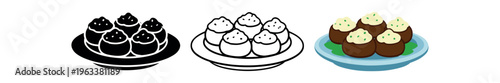 Three variations of a plate of meatballs with sauce and garnish—solid, outline, and color—intended for use in menus, food labels, or culinary illustrations.