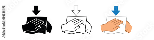 Three flat icons of hands pressing or pulling a paper towel from a dispenser with a downward arrow, shown in solid, outline, and colored styles for restroom instructions and hand-drying signage.