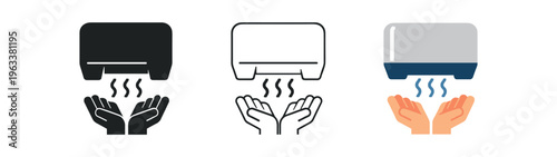 Three flat hand dryer icons showing warmed airflow rising toward cupped hands, available in solid, outline, and colored variations for restroom signage, facility guides, and hand-drying information.