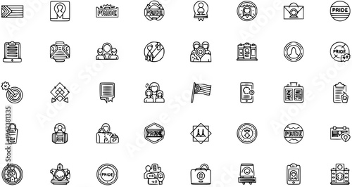 Pride and Diversity Line Icons Set. Collection of LGBTQ community, human rights, global equality, and inclusivity symbols in outline style for web, apps, and print projects.