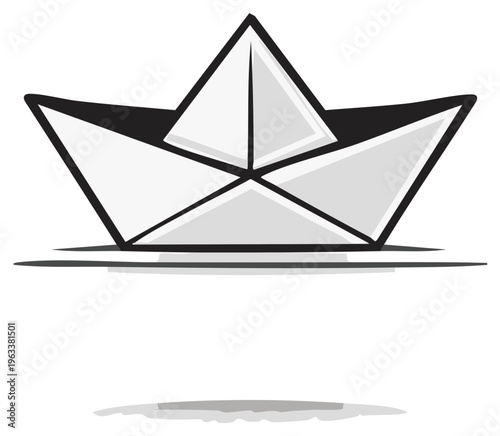 Paper Boat Origami Illustration Isolated on White Floating Simple Traditional Toy