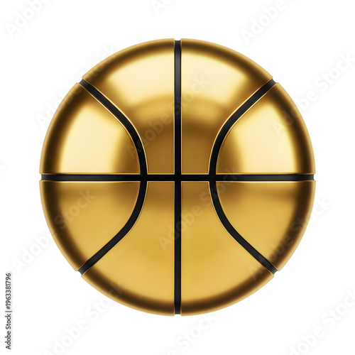 A shiny golden basketball featuring a smooth metallic surface with classic black structural seams isolated on transparent background