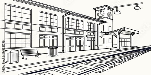 A detailed line art illustration of a railway station platform with a clock tower, benches, and a modern building, depicting a serene and empty travel scene.
