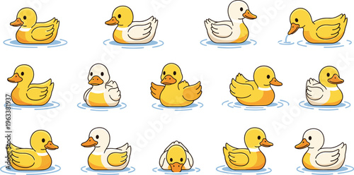 Cute duck cartoon set with swimming poses adorable water bird character illustration collection