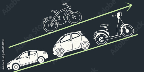 Electric mobility vehicle silhouettes moving upwards on green trajectory line, eco-friendly transportation concept with car, motorcycle and scooter.