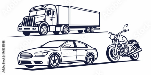 Minimalist vector illustrations of various road transport vehicles, including a semi-truck, a car, and a motorcycle, in a simple black and white design.