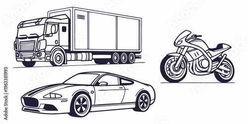 Minimal vector set of road transport vehicles including a semi-truck, sports car, and motorcycle in simple line art style for design and illustration purposes.
