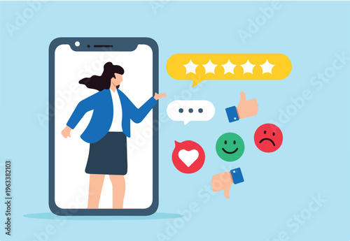 Flat illustration of woman on mobile device gives rating providing feedback on customer experience and satisfaction
