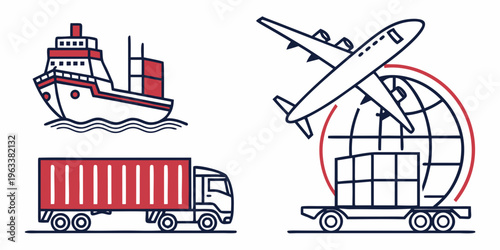 Global logistics and transportation icons set including truck, ship, airplane, and trailer with cargo, symbolizing international shipping and delivery services.