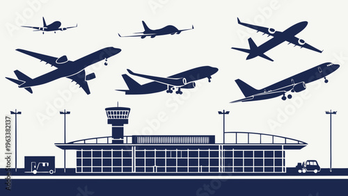 Airport terminal building with airplane silhouettes flying overhead, air travel concept, vector illustration.