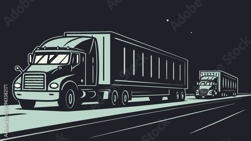Semi-trucks driving on highway at night, cargo logistics transport trucks silhouettes.