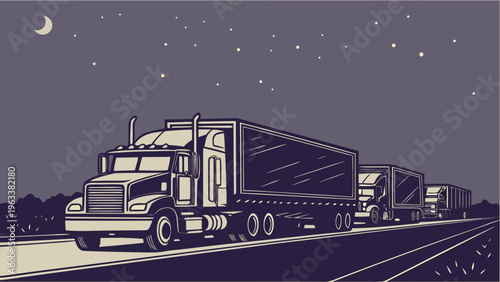 A convoy of semi-trucks transporting cargo on a highway at night under a starry sky with a crescent moon, showcasing logistics and transportation.