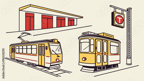 Illustration of yellow metro rail transport vehicles and station icons, including trains and a sign, in a graphic style.