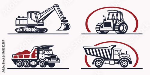 Vector icons of heavy machinery vehicles including excavator, tractor, cement truck, and dump truck for construction and industrial use.