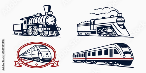 Collection of vintage and modern train icons, transportation symbols and logos, railway vehicles illustrations.