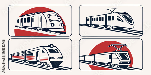 Collection of four distinct railway train icons in black, white, and red, featuring various transportation styles and designs, ideal for travel and infrastructure themes.