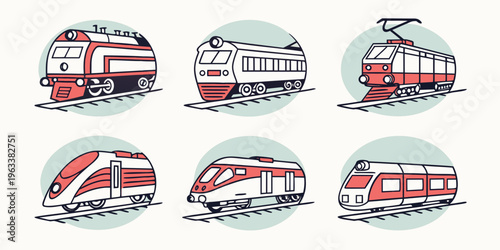 Collection of six different railway train icons in red, white, and black, showcasing various transportation styles and designs.