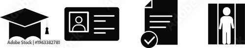 Education and personal identification vector icons, Document verification and human access silhouette graphics, Academic cap and id badge pictograms