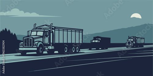 Semi-trucks driving on a highway at dusk with mountains in the background, silhouette style illustration for transport and logistics concepts.