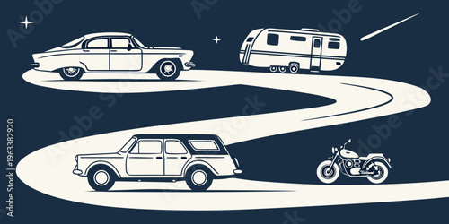 Collection of road trip vehicles in silhouette, including a car, campervan, station wagon, and motorcycle on a winding road at night.