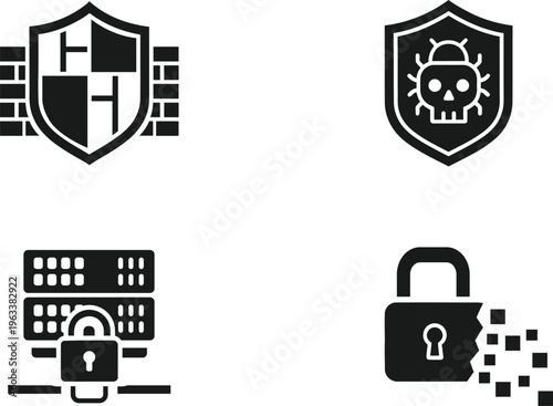 Cybersecurity and data protection vector icons, Firewall and malware threat silhouette graphics, Server security and data breach broken lock pictograms