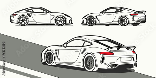 Vector set of modern sports car silhouettes in black and white, showcasing sleek designs from various angles on a clean background.