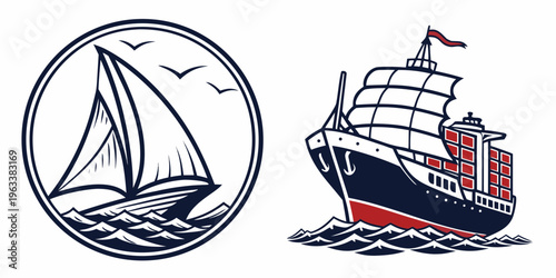 Vector icons of sailboat and cargo ship for shipping, transport, and maritime concepts, isolated on white background for versatile design use.