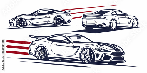 Vector set of modern sports car silhouettes in motion, showcasing sleek designs and dynamic lines in black and white with red motion lines.