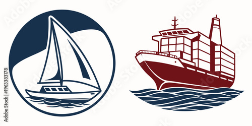 Logos of sailboat and cargo ship icons for maritime transport and shipping business, nautical symbols for travel and industry