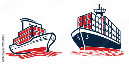 Vector illustration of cargo ships and boats for shipping and transport icons, nautical vessels with containers for logistics and maritime industry symbols.