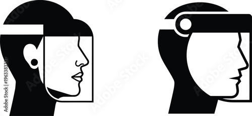 Face shield silhouette icons, Protective visor head profile graphics, Medical PPE safety face guard vectors