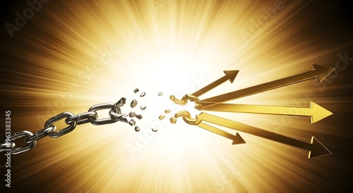A broken metal chain transforming into three golden directional arrows