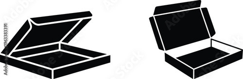 Open box silhouette vector icons, Flat black cardboard pizza delivery packaging, Isometric empty shipping carton graphics