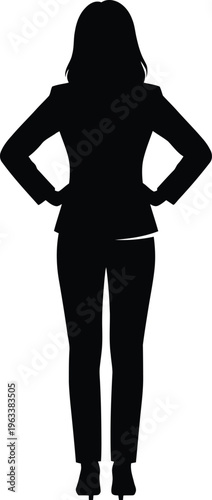 Businesswoman silhouette hands on hips, Confident female professional standing posture vector, Corporate woman suit power pose graphic