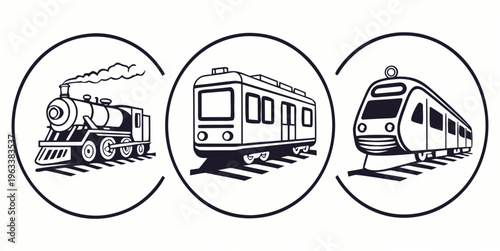 Railway transportation icons set, train locomotive and metro, railroad vehicle symbols