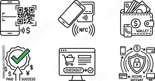 Digital payment and online transaction vector line icon set