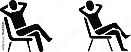 Two black silhouette icons of people sitting in chairs with hands behind heads, relaxing in calm poses.