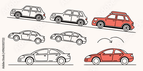Vector icons of ride-sharing transport cars in various colors and styles for design use.