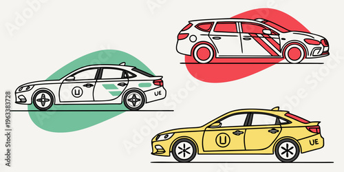 Vector icons of ride-sharing transport cars in white, yellow, and red colors for apps and websites.