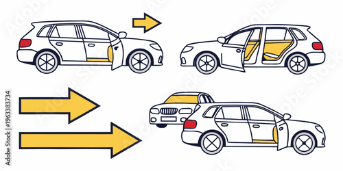 Vector icons of ride-sharing transport cars with open and closed doors, illustrating passenger exchange, urban mobility, and modern transportation solutions.