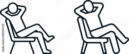 Relaxing person sitting in chair outline icons, Calm individual resting on lounge chair vector graphics, Peaceful break sitting posture pictograms
