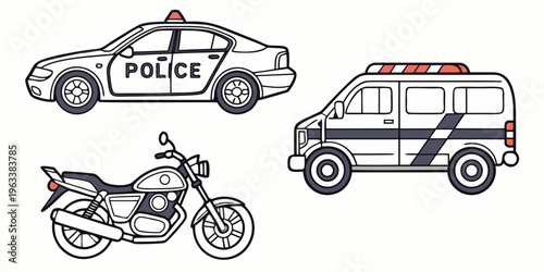 Police transport vehicles icon set including a police car, motorcycle, and van for law enforcement and emergency response services.