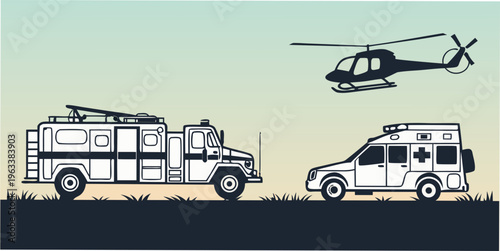 Emergency rescue vehicles silhouette collection including ambulance, fire truck, and helicopter in a vector illustration for medical and disaster response themes.