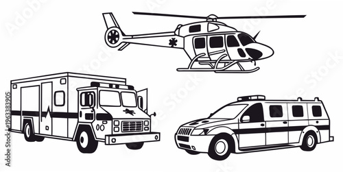 Collection of emergency rescue vehicles silhouette, ambulance, police car, and helicopter icons.
