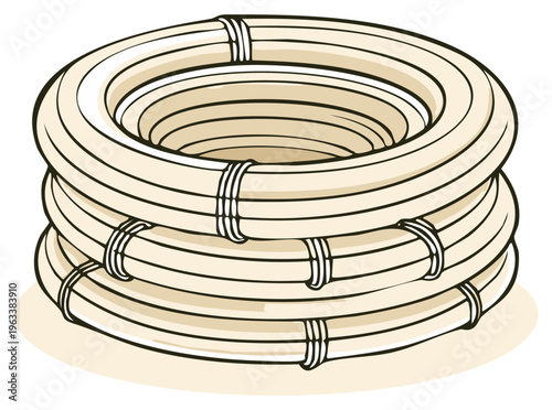 Coiled industrial hose or thick nautical rope stacked in a stylized vector illustration