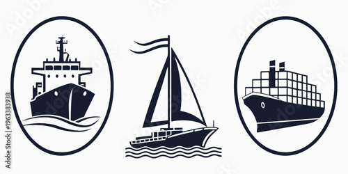Set of sea transport silhouette icons including cargo ship, sailboat, and container ship for logistics and shipping concepts.