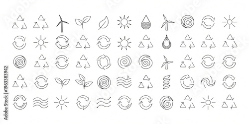 A collection of various eco-friendly and natural icons depicting weather, environmental, and ecological symbols in a simple line style.