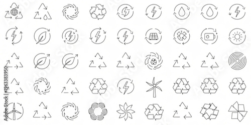 The image showcases various eco-friendly symbols and icons arranged in rows on a plain surface.