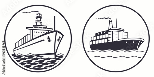 Black and white silhouette icons of cargo ships for sea transport and logistics, illustrating freight and shipping concepts.